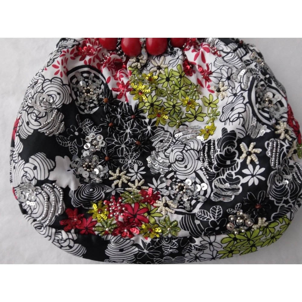 Womens Black White Sequin Beaded Handbag Italy Red Green Floral Red Bead Handles - Picture 2 of 9